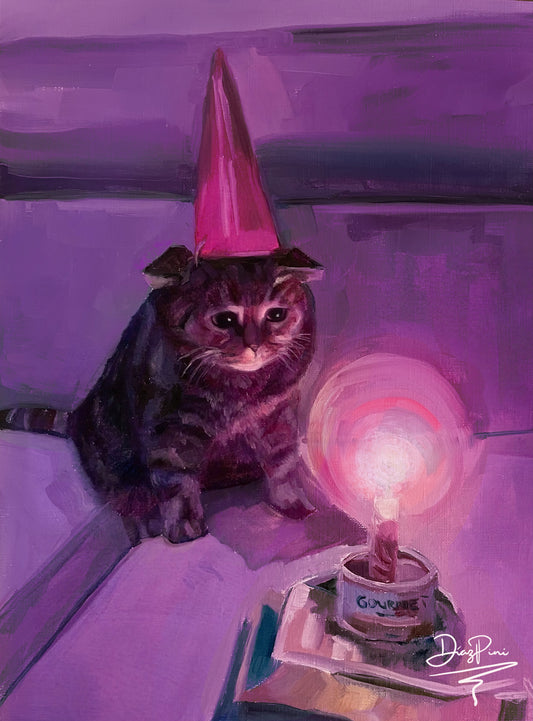 Birthday Cat Oil Painting