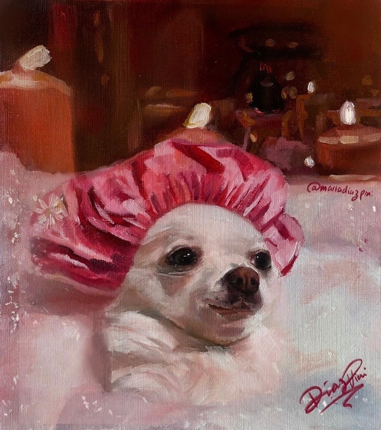 Chihuahua Bathtub Art Print from Original Oil painting, bathroom art, bath art, bathroom artwork, bathroom wall art