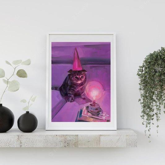 Purple Birthday Cat meme Art Print