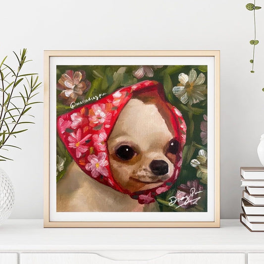 Chihuahua floral meme Artwork Print, art for children, cute artwork, animal floral art, oil painting, nursery art