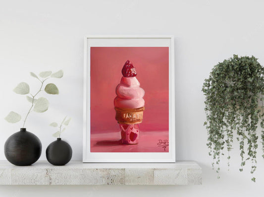 Ice cream art print, ice cream painting, pink art, food art, oil painting by artist, original art, origina wallart, pink artwork, ice cream